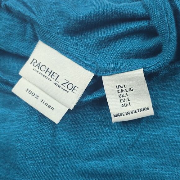 Rachel Zoe -1663 NWOT 100% Linen Asymmetrical Button Back Top Teal Large - Picture 6 of 6